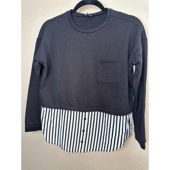 Forever 21 Women’s Black white Blouse M long sleeve round neck polyester - Picture 2 of 6